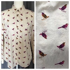 Merona Size MEDIUM Bird Print 100% Cotton Button Down Shirt Top